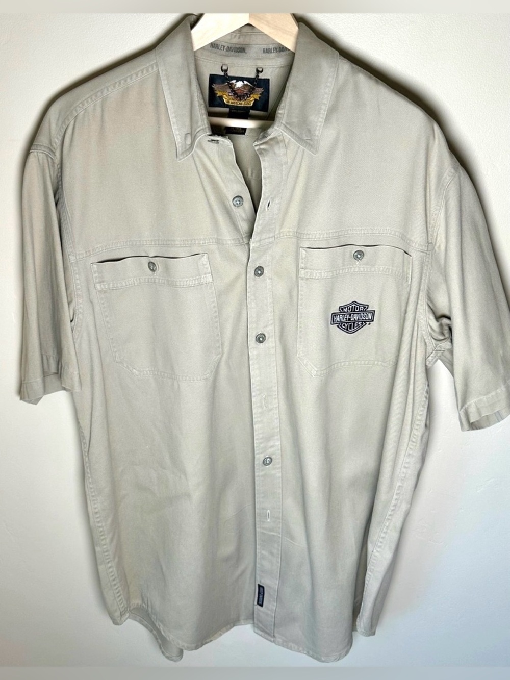 Harley-Davidson Men XXL Khaki Heavyweight Button Up Shirt Logo Patch